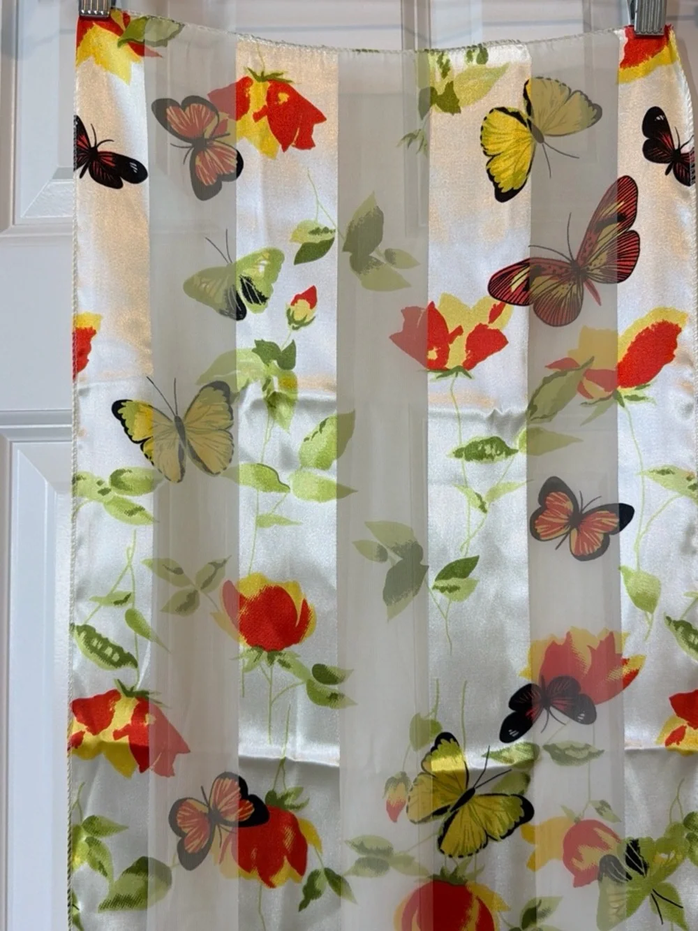 White Floral & Butterfly Satin-Feel Scarf in Red and Yellow